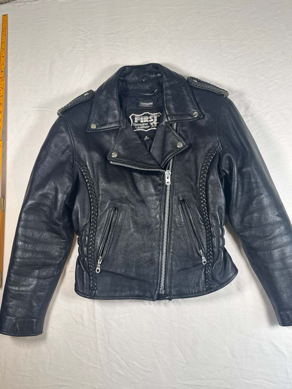 First Genuine Leather Women's Braided Motorcycle Jacket Black Size S